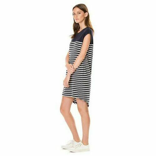 Cotton Navy White Nautical Yoke Stripe Assymetric Hi Low Dress