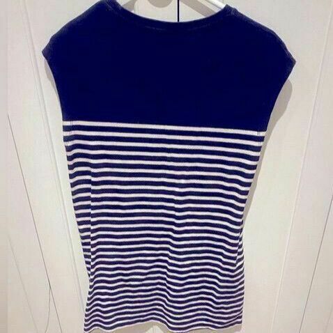  Cotton Navy White Nautical Yoke Stripe Assymetric Hi Low Dress