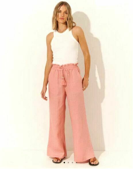Molly Linen Italian Clay Pink High Waisted Wide Leg Pants RRP$199