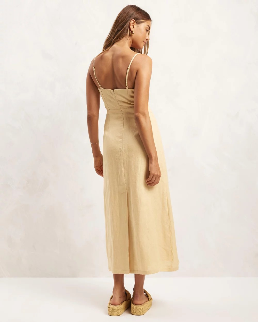 Linen Gathered Waist Midi Dress
