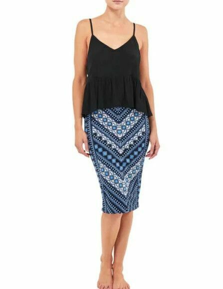Vervou Blue Stretch High Waisted Midi Pencil Skirt