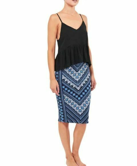 Vervou Blue Stretch High Waisted Midi Pencil Skirt