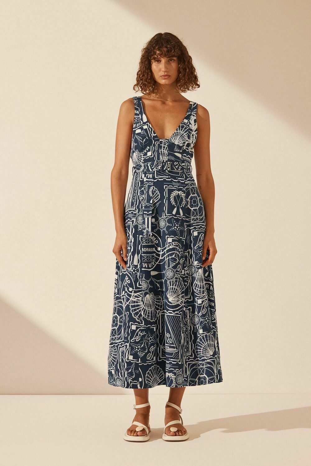  Amelie Linen Plunge Panelled Midi Dress